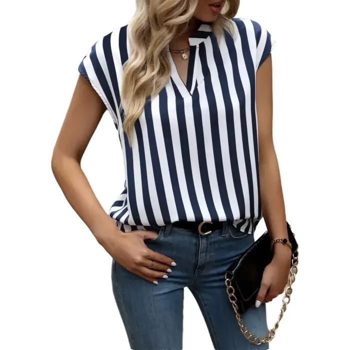 Chemise pour femme Printemps Été Bleu marine Blanc Rayures verticales Col en V Manches courtes Éléga