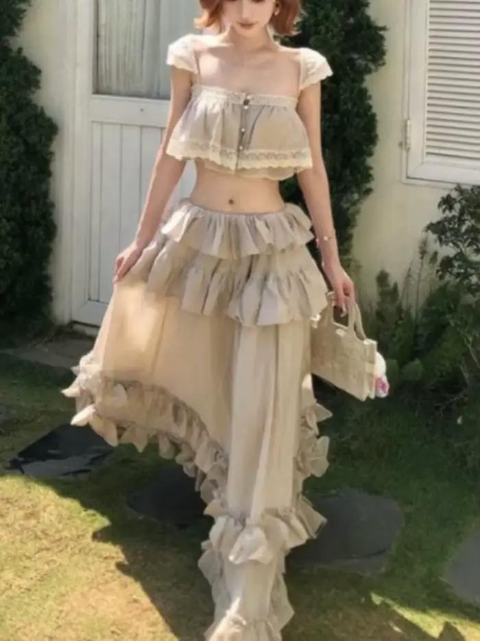 Nouvel ensemble 2 pièces chic et élégant pour femme, style rétro français Y2K, hauts et longues jupe