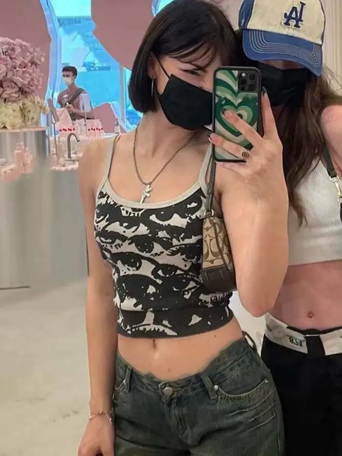 T-shirt gothique Y2K Streetwear Harajuku à bretelles blanches pour femmes, haut court à manches cour