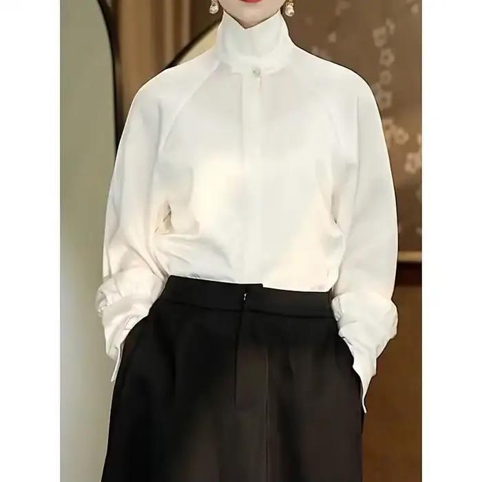 Chemise à col mandarin pour femme avec boutons-pression, manches longues amples