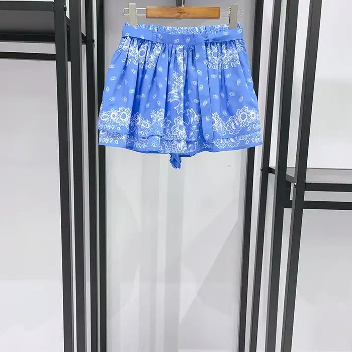 Robe à bretelles imprimée de style ethnique bleu à col en V et taille haute pour femme ou mini-jupe