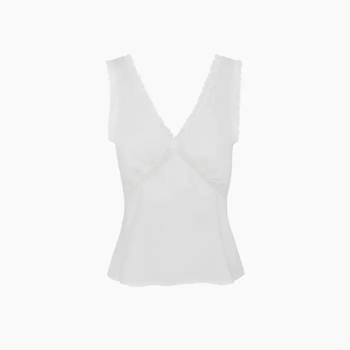 Chemisier en dentelle à col en V en pur coton avec lien à nouer au dos pour cintrer la taille, style