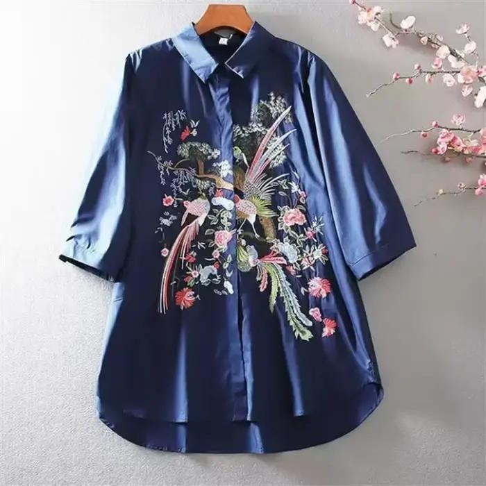 Chemisier d'art de littérature pour femmes chemise chine Blusas Chic broderie fleur Blouses chemise