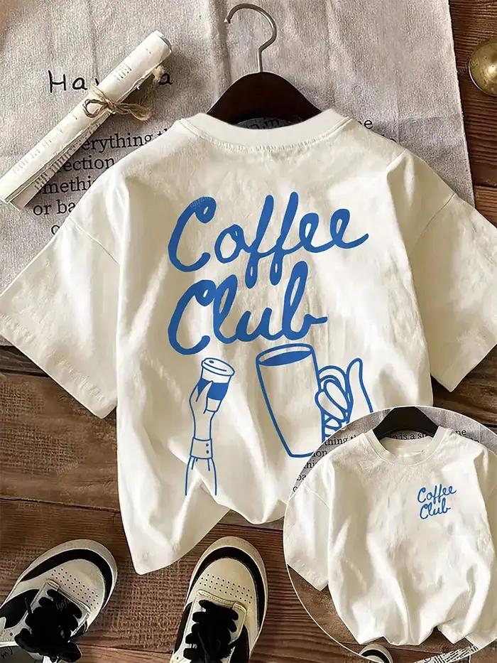 "Coffee Club" T-shirt graphique imprimé femme décontracté col rond haut à manches courtes blanc Simp