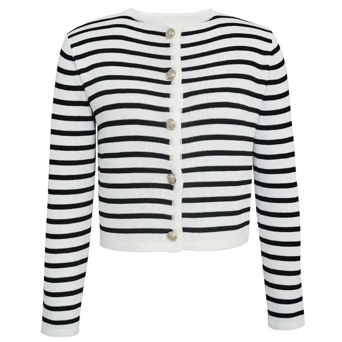 Pull rayé à manches longues pour femmes, cardigans à simple boutonnage, col rond, mode vintage décon