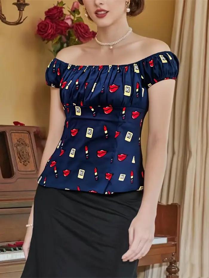 Chemisier élégant à imprimé floral cerise bleu Pinup pour femme, haut vintage des années 1950 et 60,
