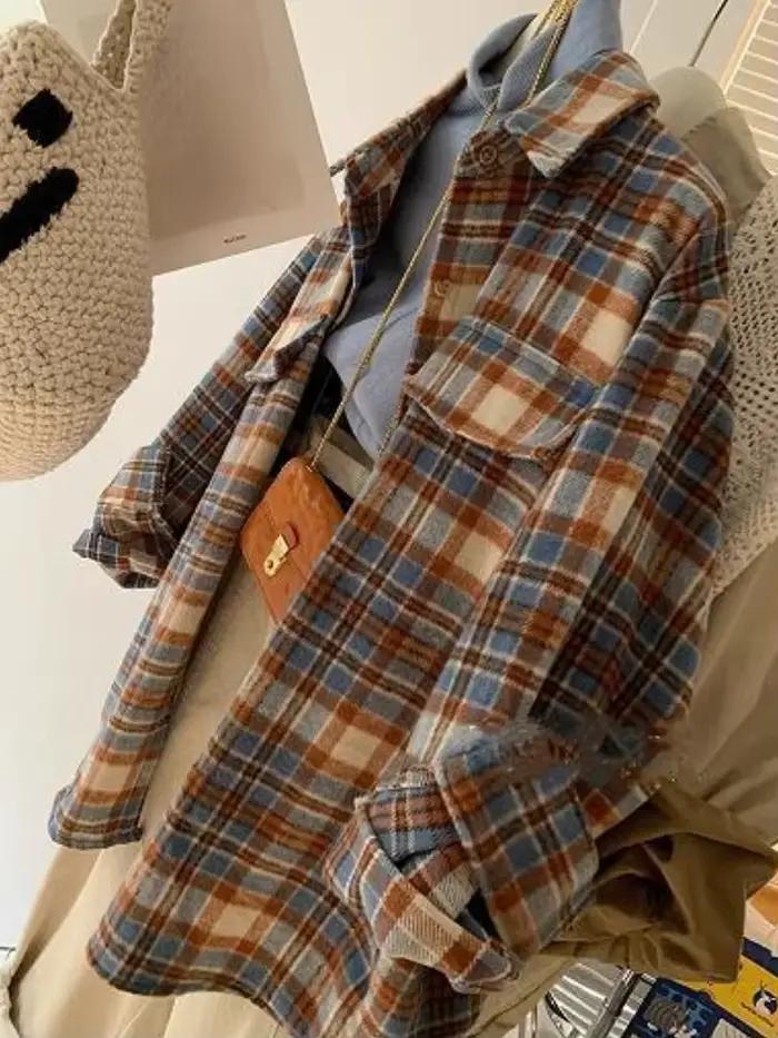 Chemises en laine à carreaux pour femmes, vêtements d'extérieur baggy vintage, mode décontractée, po