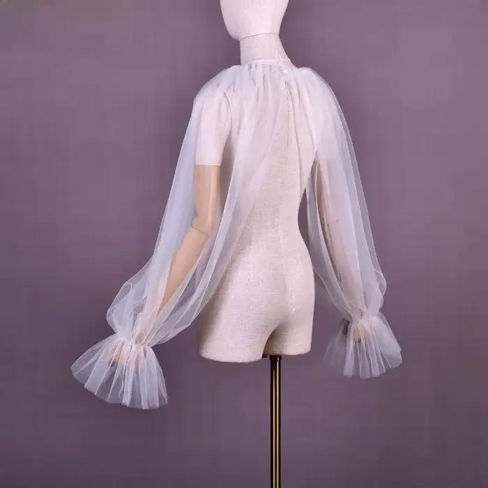 Chemisier à manches longues bouffantes, design à volants, léger, col faux, couleur unie, doux, col d