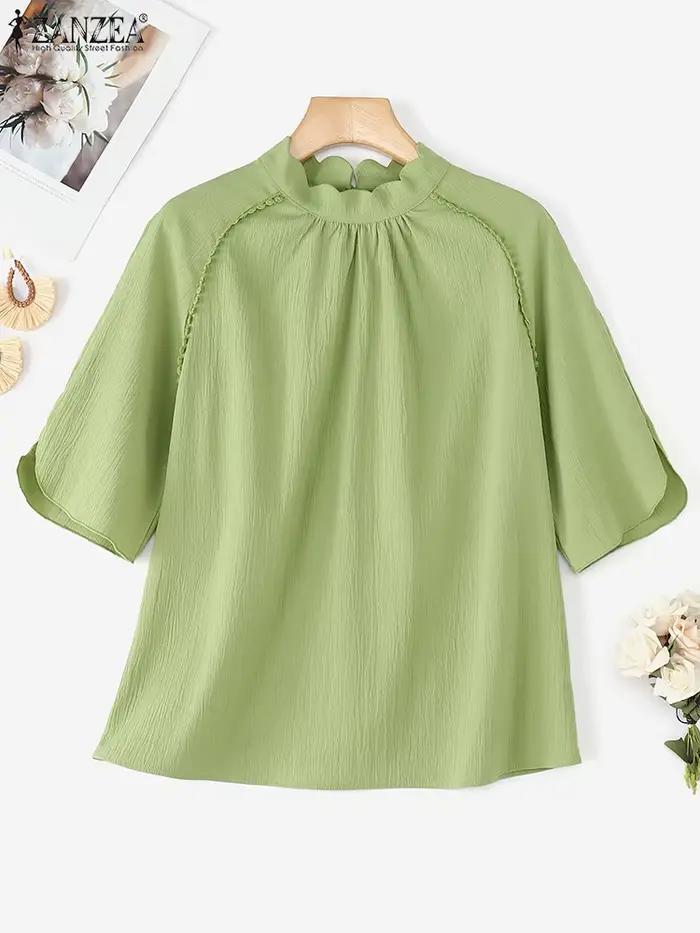 Vintage col montant Blouse femmes couleur unie élégant travail hauts ZANZEA 2025 printemps plissé Bl