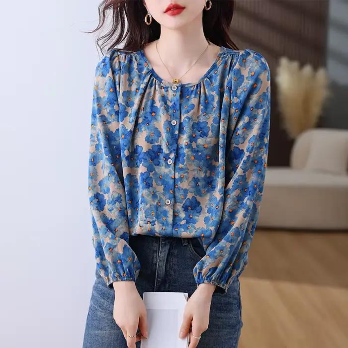 Hauts français pour femmes, nouvelle chemise florale polyvalente, col rond, manches bouffantes, auto