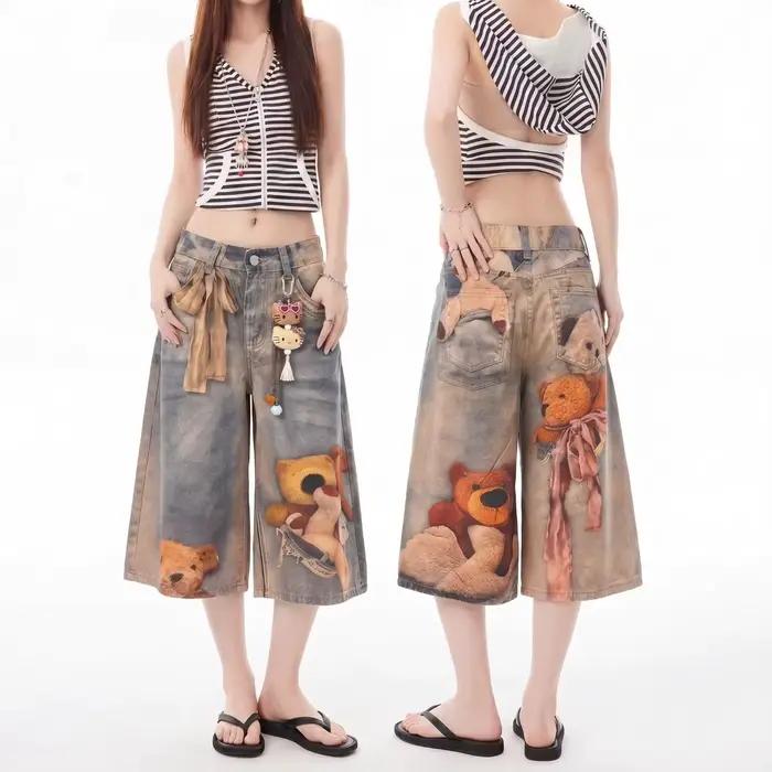 Shorts en jean baggy pour femme, style vintage délavé, imprimé ours en peluche, coupe large, mi-long