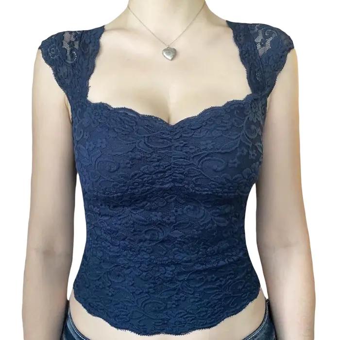 Y2K-Haut court en dentelle florale bleue Fairycore pour femme, vintage des années Y-90, col carré, c