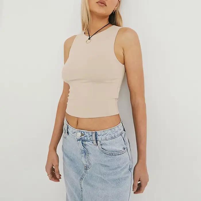 Chemise à fond serré sans manches, haut de couleur unie à col rond en forme de I, gilet décontracté
