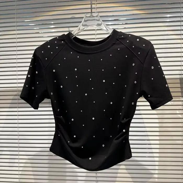 2025 été nouveau strass hotfix motif épaulette haut court T-shirt à manches courtes
