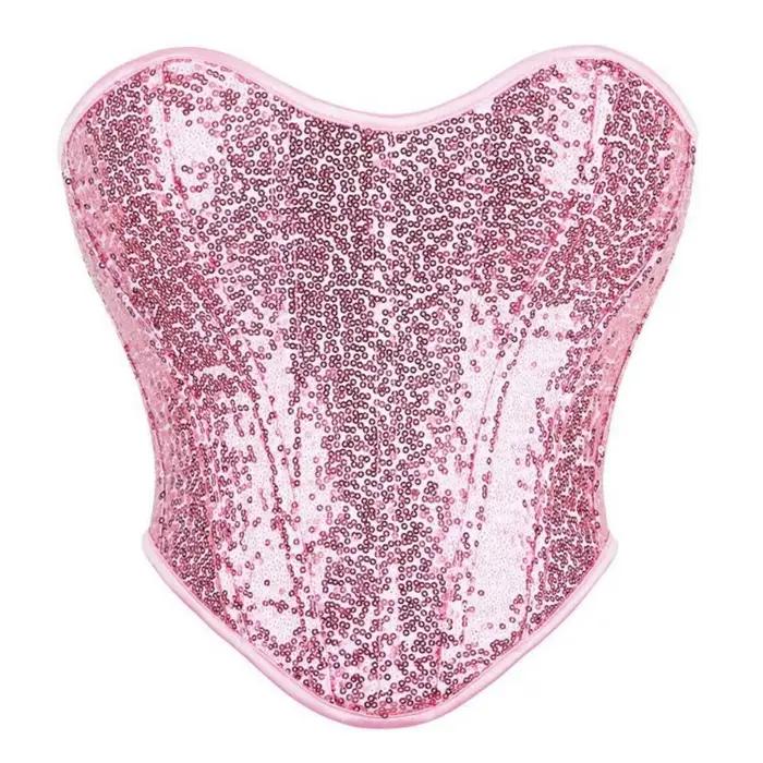 Corset rose à sequins, haut sculptant pour femme avec baleines