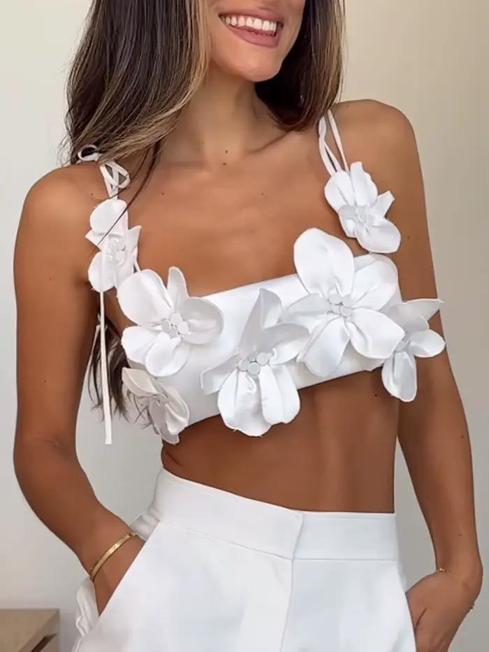 Chic 3d fleur à lacets Spaghetti sangle hauts courts pour les femmes 2024 été dos nu sans manches bu