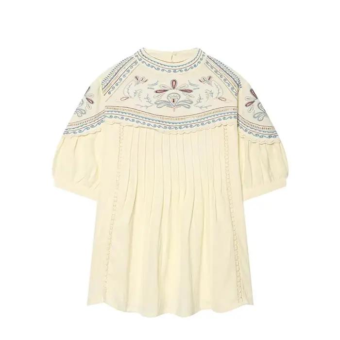 DUOPERI – chemisier plissé brodé beige pour femmes, T-shirt Vintage à col rond et manches courtes, T