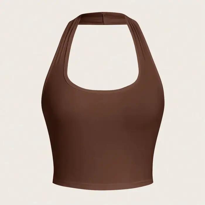 Haut court chic marron licou, élégant et polyvalent, flatteur, encolure carrée, tissu doux. Idéal po