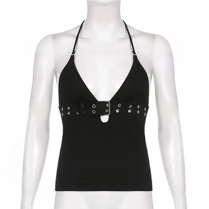 Y2k – haut court à bandes noir, dos nu, à lacets, mignon, fête, plage, été, sweat-shirt pour femmes,