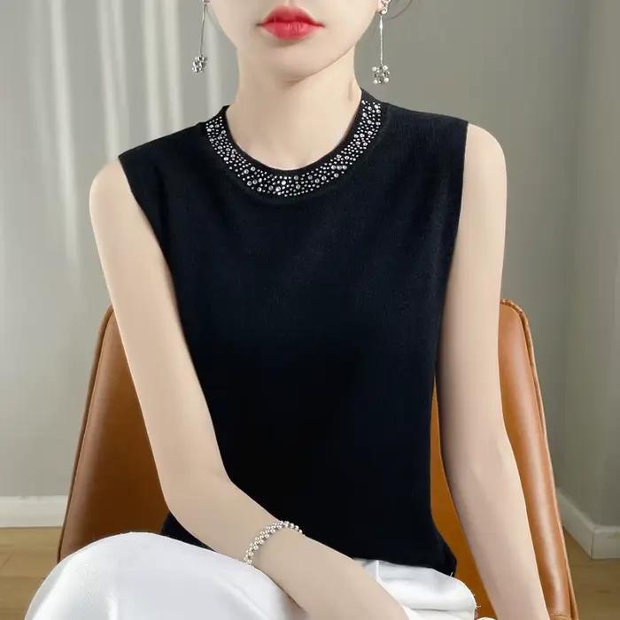 Débardeur Femme Tendance Printemps-Été 2026, Col Rond, Sans Manches, Orné de Perles, Tricoté, Style