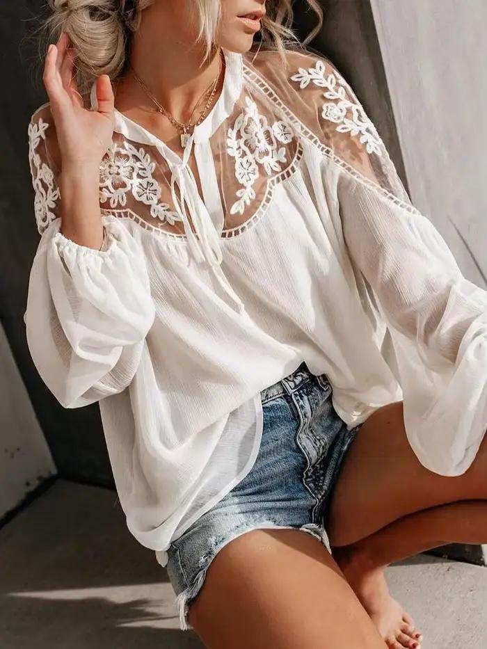 Dentelle maille chemise femmes broderie Patchwork décontracté à manches longues hauts été Sexy en mo