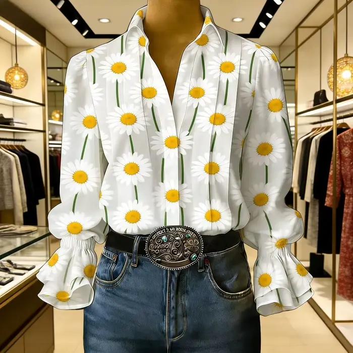 Chemise pour femme à imprimé rose, col en V, plissée, avec manches évasées et poignets élastiques, h
