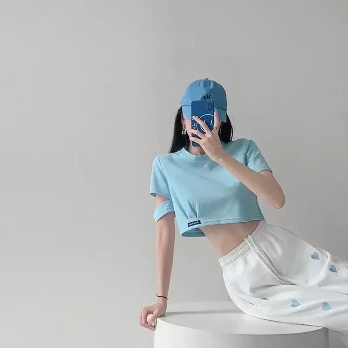 T-shirt manches courtes taille haute pour femme, estival et surdimensionné, à la mode, Harajuke Egir