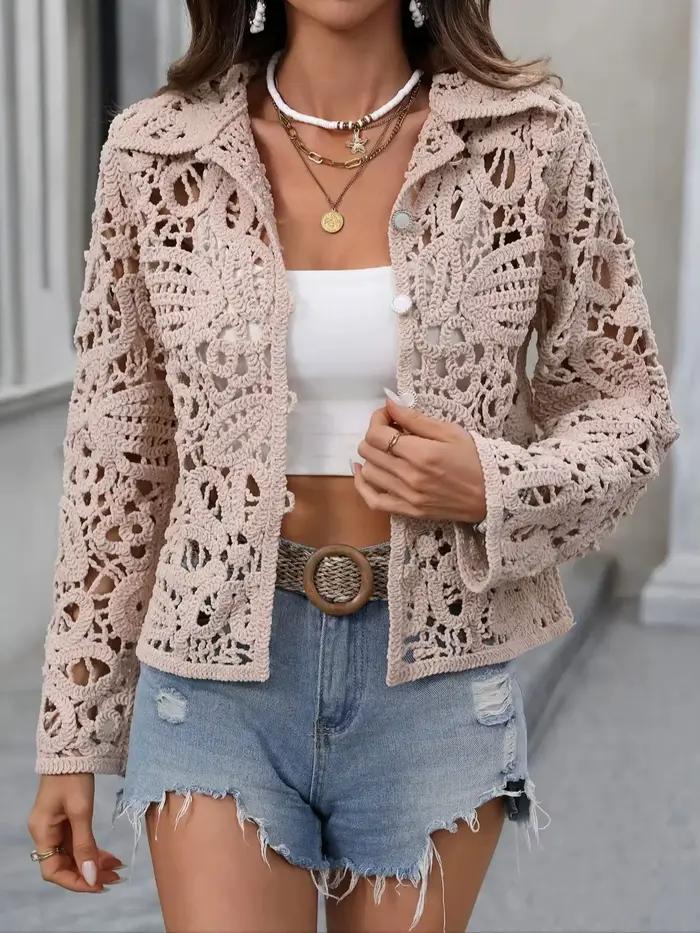 Cardigan en tricot crocheté à manches longues, ouvert sur le devant, pour femme, confortable, respir