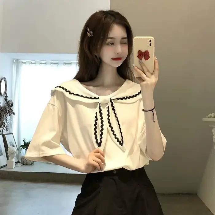 Économie à col marin pour femmes, vêtements Kawaii Baggy, tempérament à panneaux, esthétique de créa