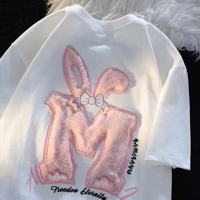 Coton flocage lapin oreille à manches courtes T-shirt femmes nouvel été polyvalent haut rose mignon