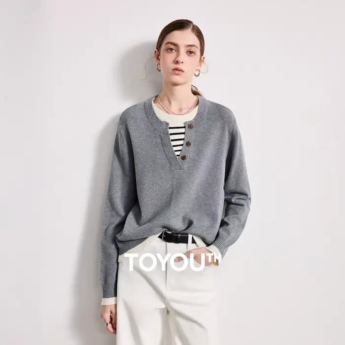 TOYOUTH femmes fil plissé tricots 2026 printemps nouveau Patchwork deux pièces Illusion couleur-bloc hauts intellectuels