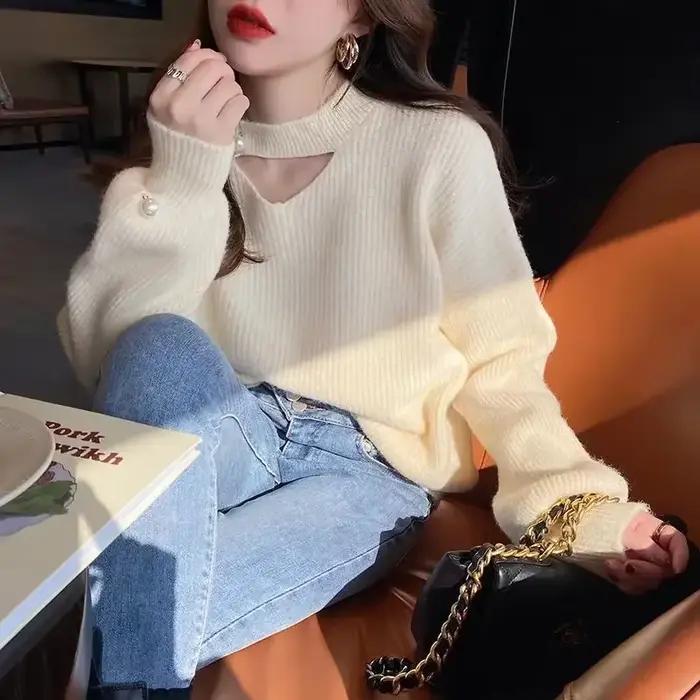 Pull en tricot à col en V rouge pour femme