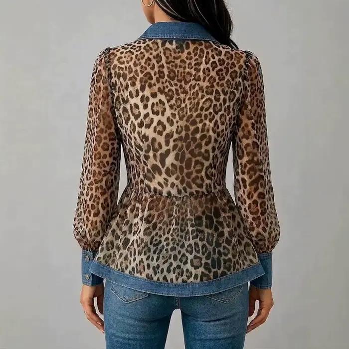 Chemisier Peplum en Chiffon Transparent Imprimé Léopard pour Femme