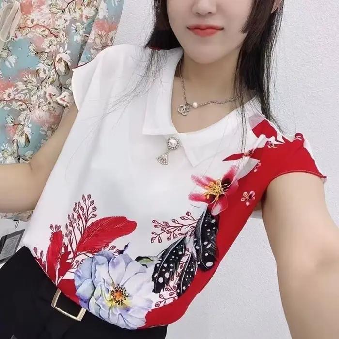 Élégant col rabattu Splice Loose Print Beaded top 2023 Summer New Casual pullover chemise asymétrique