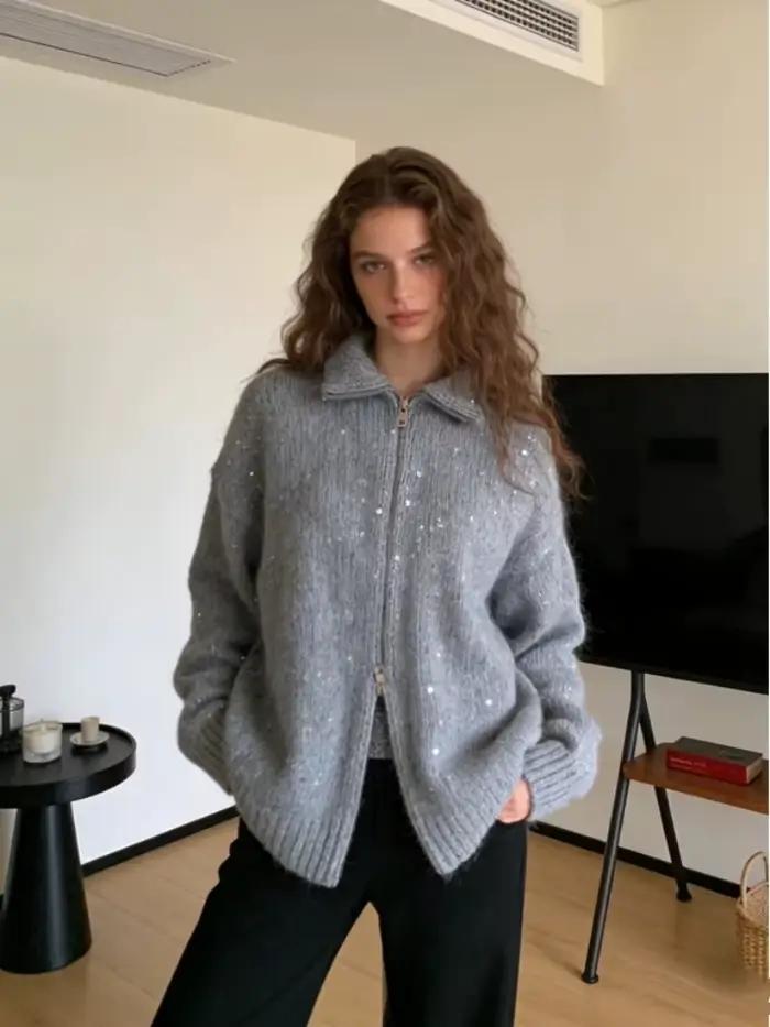 Paillettes tricot femmes pull élégant col montant Y2k manches longues chandails dame 2025 nouveau automne hiver femme veste tricots
