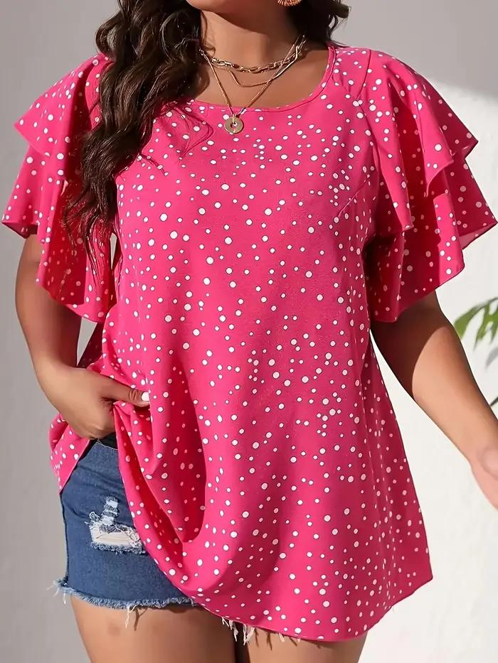 Grande taille 1XL-5XL femmes élégant col en v Blouse Vibrant rose et blanc à pois imprimé dames décontracté à manches courtes t-shirts hauts