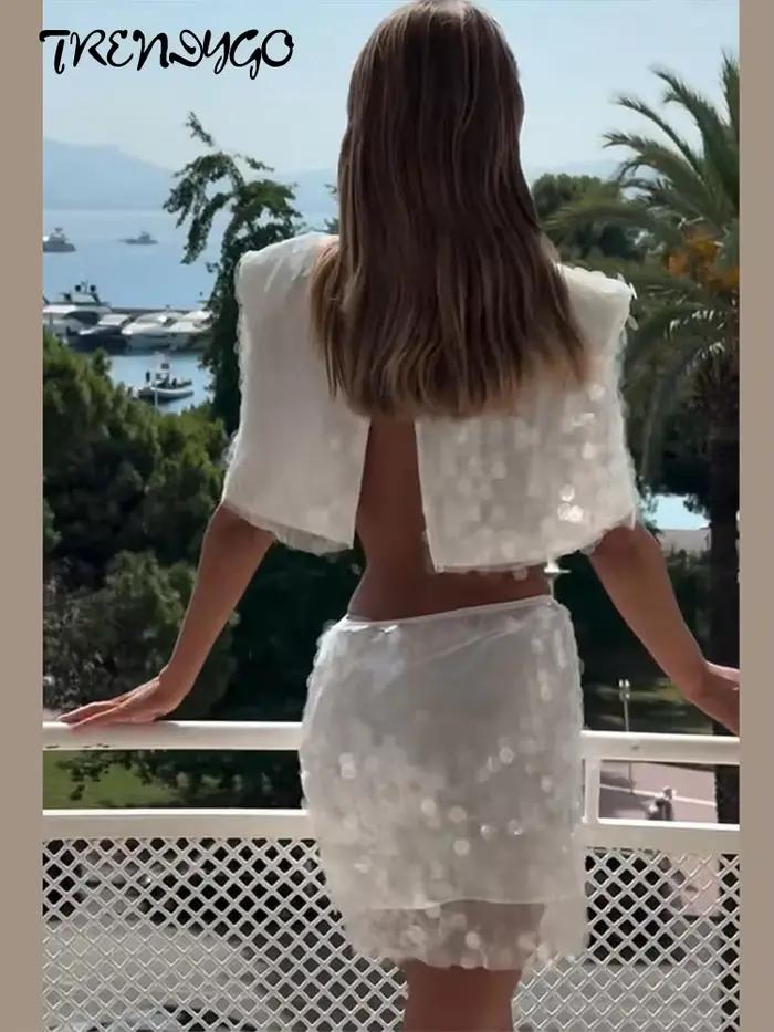 Ensembles haut court à épaulettes pailletées et mini-jupe pour femme