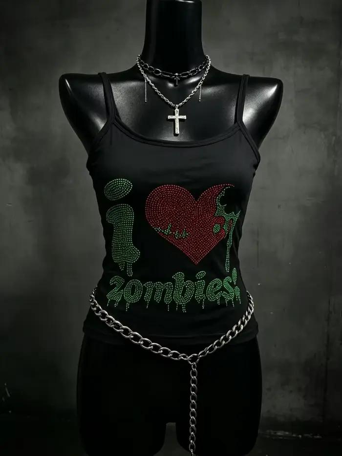 Haut Cami noir pour femme avec imprimé graphique zombie en strass style gothique et Y2K pour festival de musique et occasions spéciales