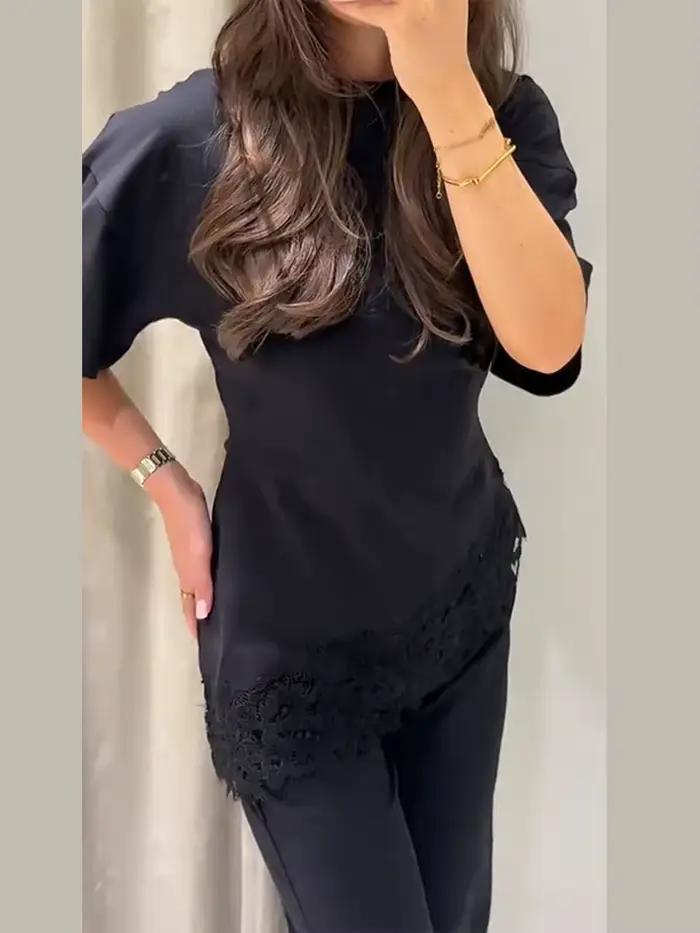 Haut asymétrique à col rond et manches courtes en dentelle patchwork pour femme – Nouveauté chic et élégante pour les soirées