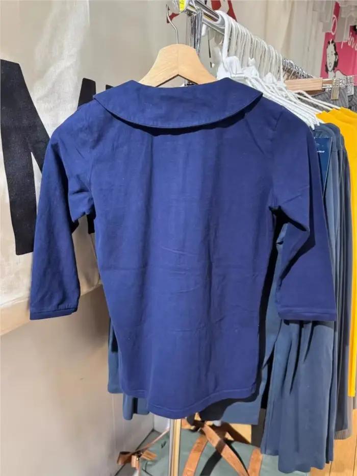 Bleu marine bouton BabyDoll hauts femmes coton décontracté col rabattu demi manches T-shirts femme Y2K doux mignon