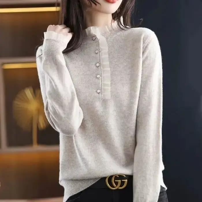 Pull en dentelle ample et décontracté pour femmes, automne-hiver, acrylique et coton, coupe ample, manches longues, bleu ciel, gris foncé, ivoire, vert armée, noir, vert