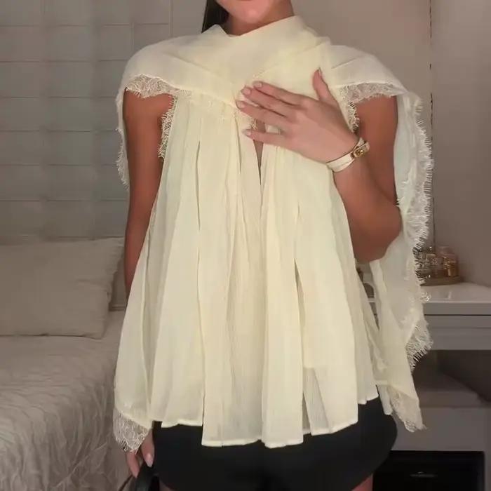 Chemisier en mousseline de soie à empiècements en dentelle sans manches coupe ample chic pour femmes vacances d'été 2026 style décontracté élégant occassions spéciales