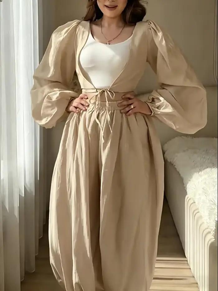 Ensemble deux pièces marron haut court et pantalon lantern décontracté pour femme printemps été occasions spéciales