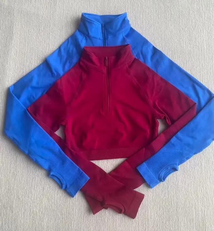 Haut court de sport pour femme, demi-zip, manches Roland, trou pour le pouce, bas côtelé très élastique, pour fitness, yoga et course à pied, argent, blanc, bleu ciel, bleu, bleu marine, bourgogne, brun, champagne, clair, couleur mixte, fuchsia, gris, gris foncé, ivoire, jaune