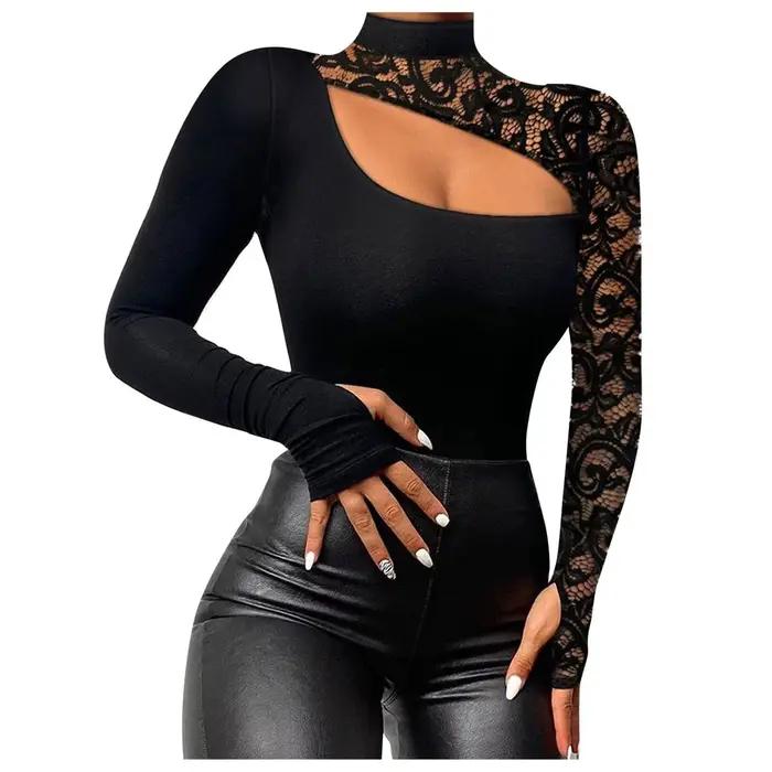 Dentelle à manches longues épaule froide Sexy haut pour femme évider couleur unie mode