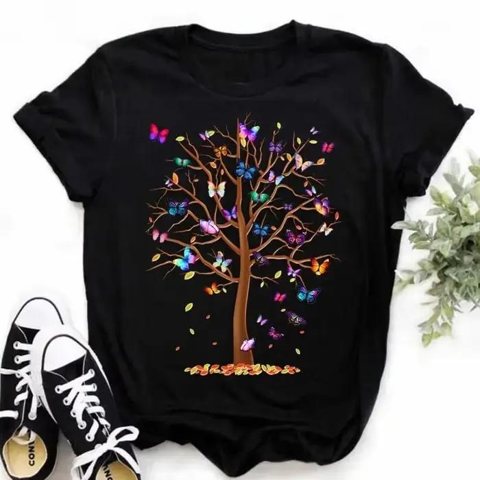 100% coton nouvel été amour fleur T-shirt bas chemise dessin animé grande taille à manches courtes haut femme Y2k
