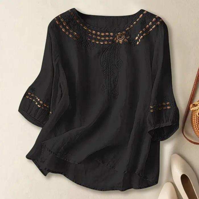 T-Shirts Bohèmes pour Femmes en Coton et Lin Brodé Rétro Polyvalents pour Occasions Spéciales et Quotidiennes