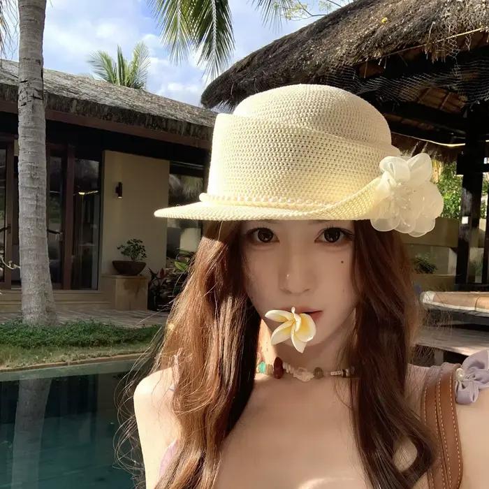 Chapeaux de paille plats à motif floral français pour femmes