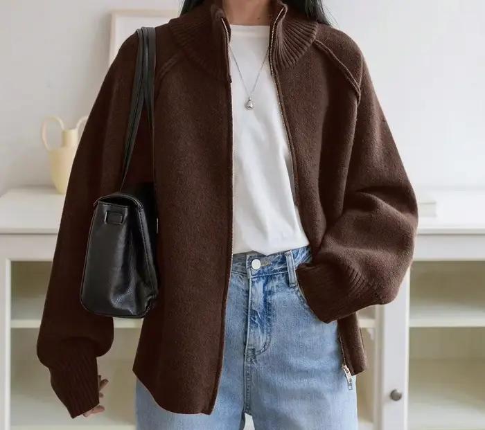 Cardigan en maille polyesters zippé pour femme, col montant, coupe ample, style décontracté, pour automne-hiver occasions spéciales