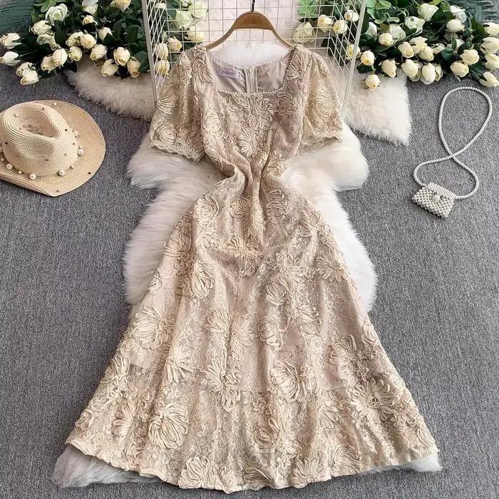 Luxe femmes été broderie dentelle perles col carré à manches courtes mode élégant décontracté fête vacances robes
